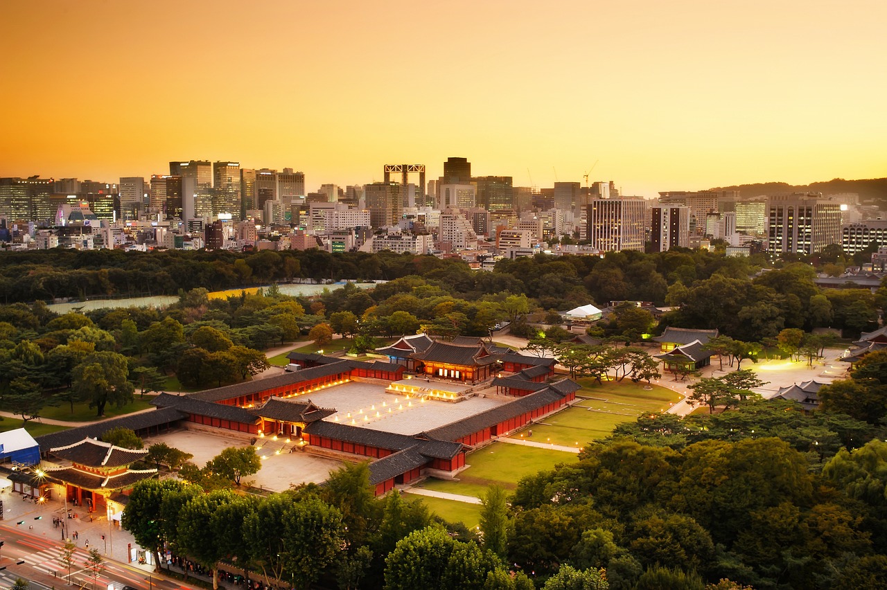 Seoul skyline with traditional palace